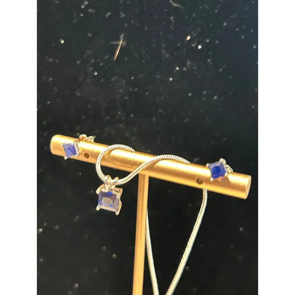 925 Sterling Silver Blue Sapphire CZ Necklace Earring Set 20